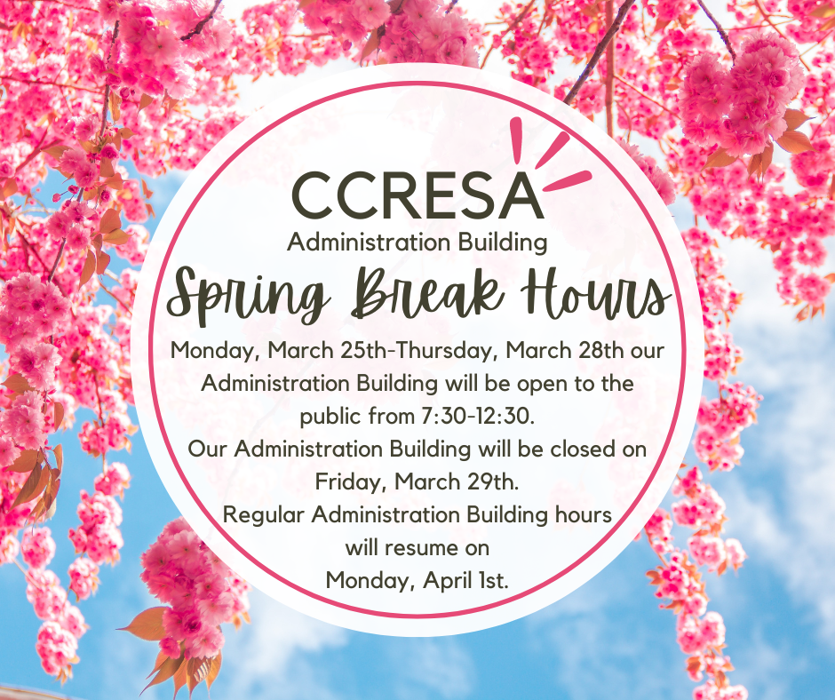 Monday March 25th - Thursday, March 28th our Administration Building will be open to the public from 7:30-12:30 and closed March 29th.
